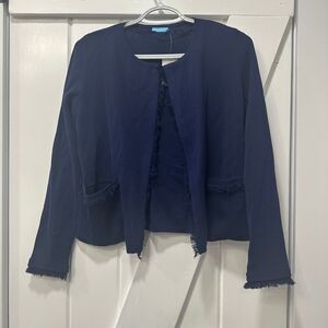 J Mclaughlin‎ Marie Sweater XS Navy Blue Solid Fringe Open Knit Cardigan NWT